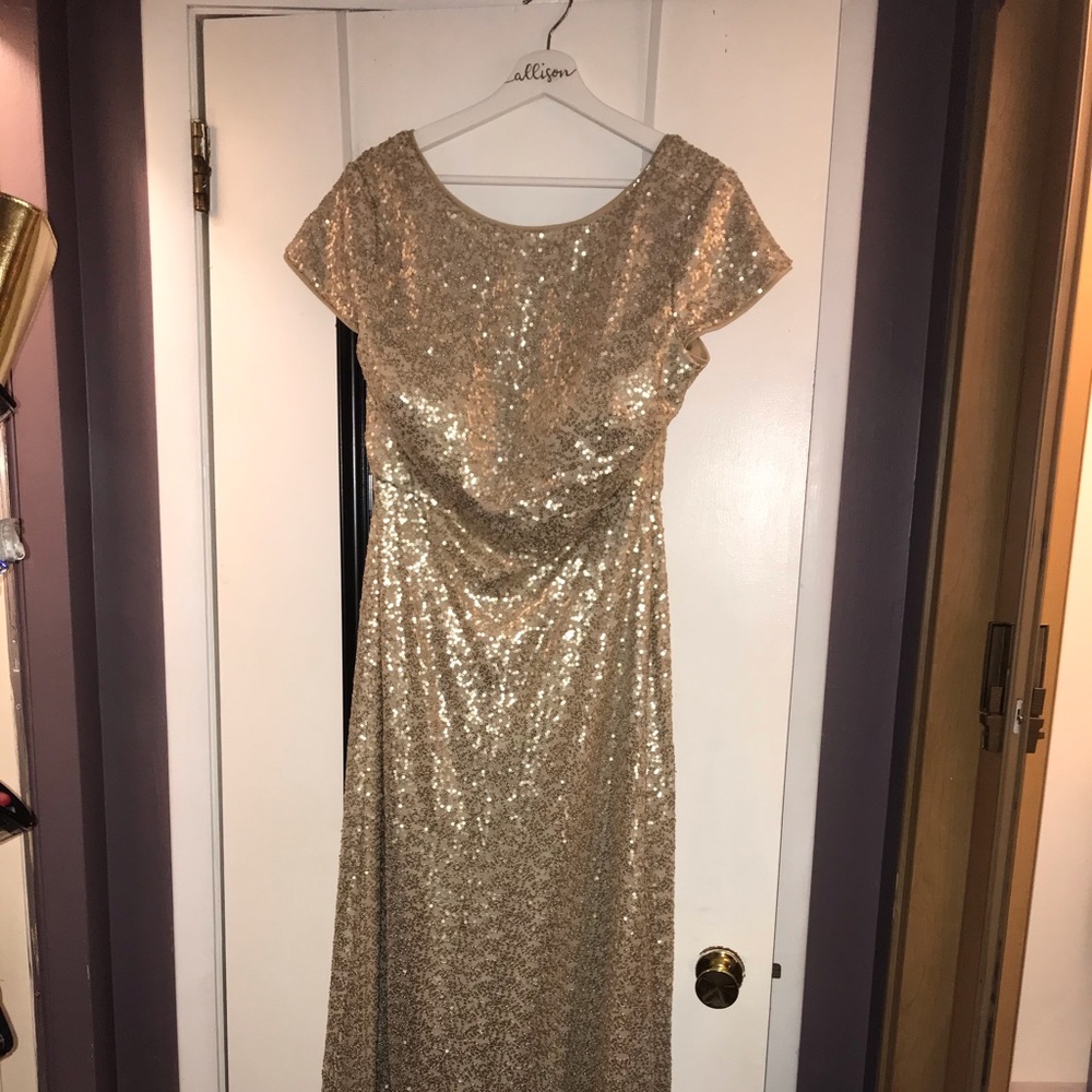 Bill Levkoff gold sequin bridesmaid dress